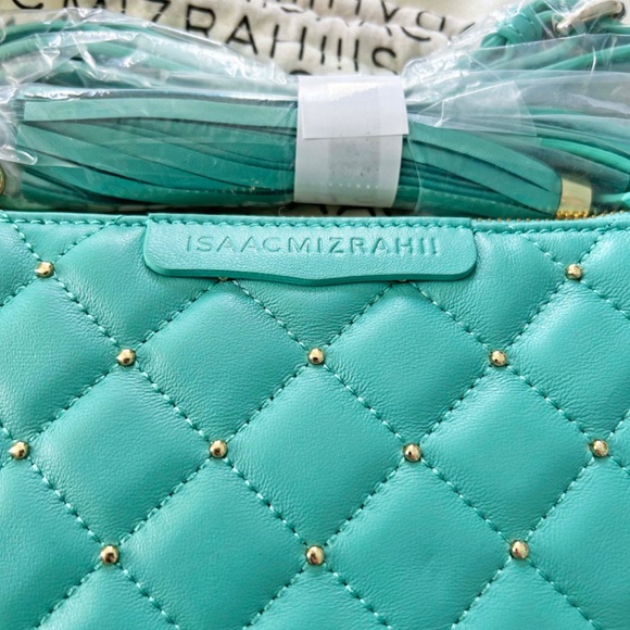 SHOULDER BAG, ISAAC MIZRAHI, SOFT LEATHER, SLIM, QUILTED, TURQUOISE, TOP ZIP - Picture 4 of 8